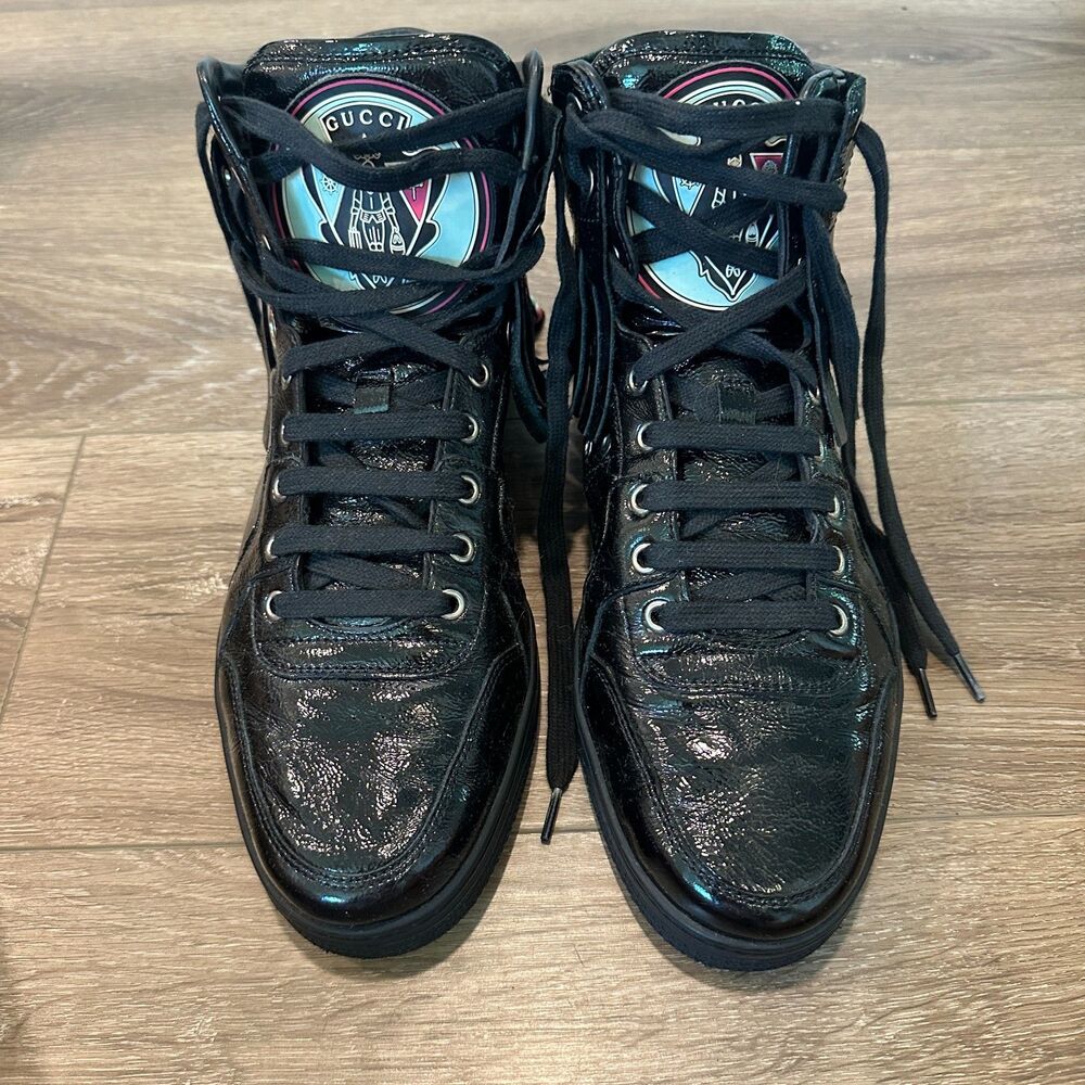Gucci Crest Logo Fringe Crinkled Patent Leather High Top Sneakers 9.5G / US 10.5